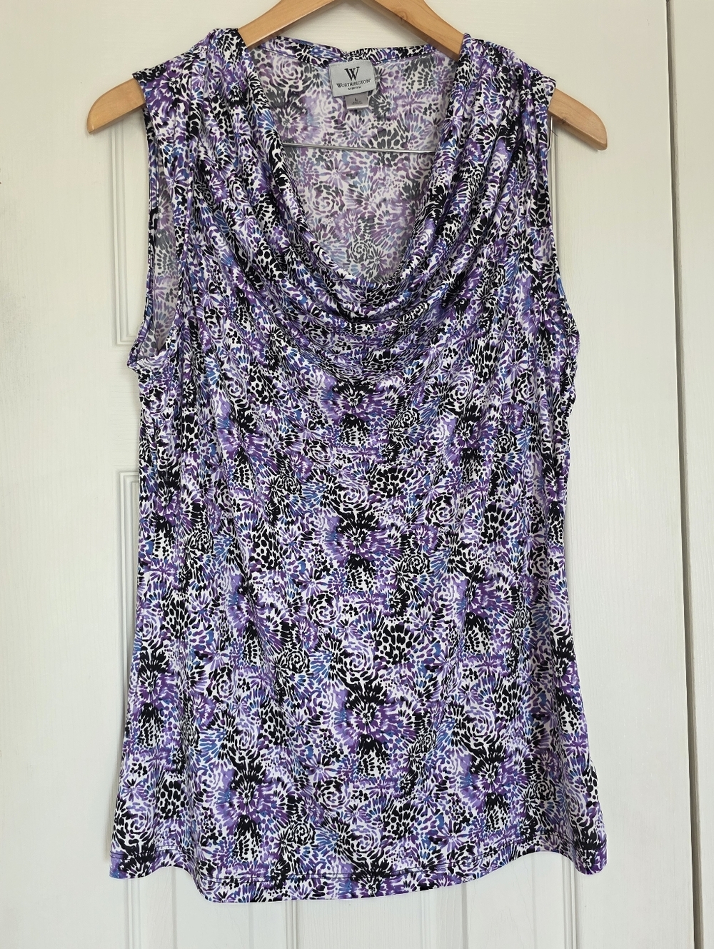 Worthington Women's Purple, Black and White Floral Cowl Neck Sleeveless Top